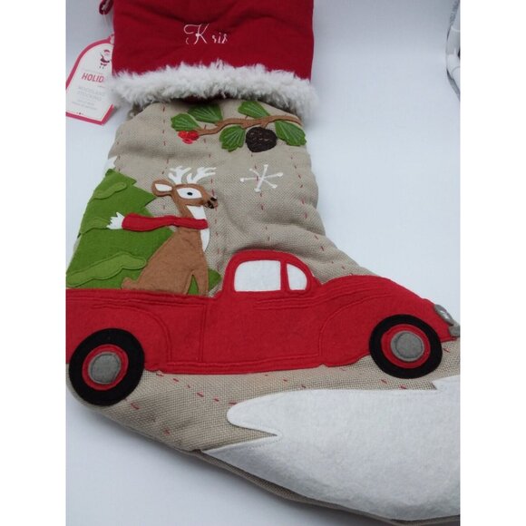 Pottery Barn Kids Kris Woodland Red Car Reindeer Christmas Tree Quilted Stocking - Picture 4 of 11